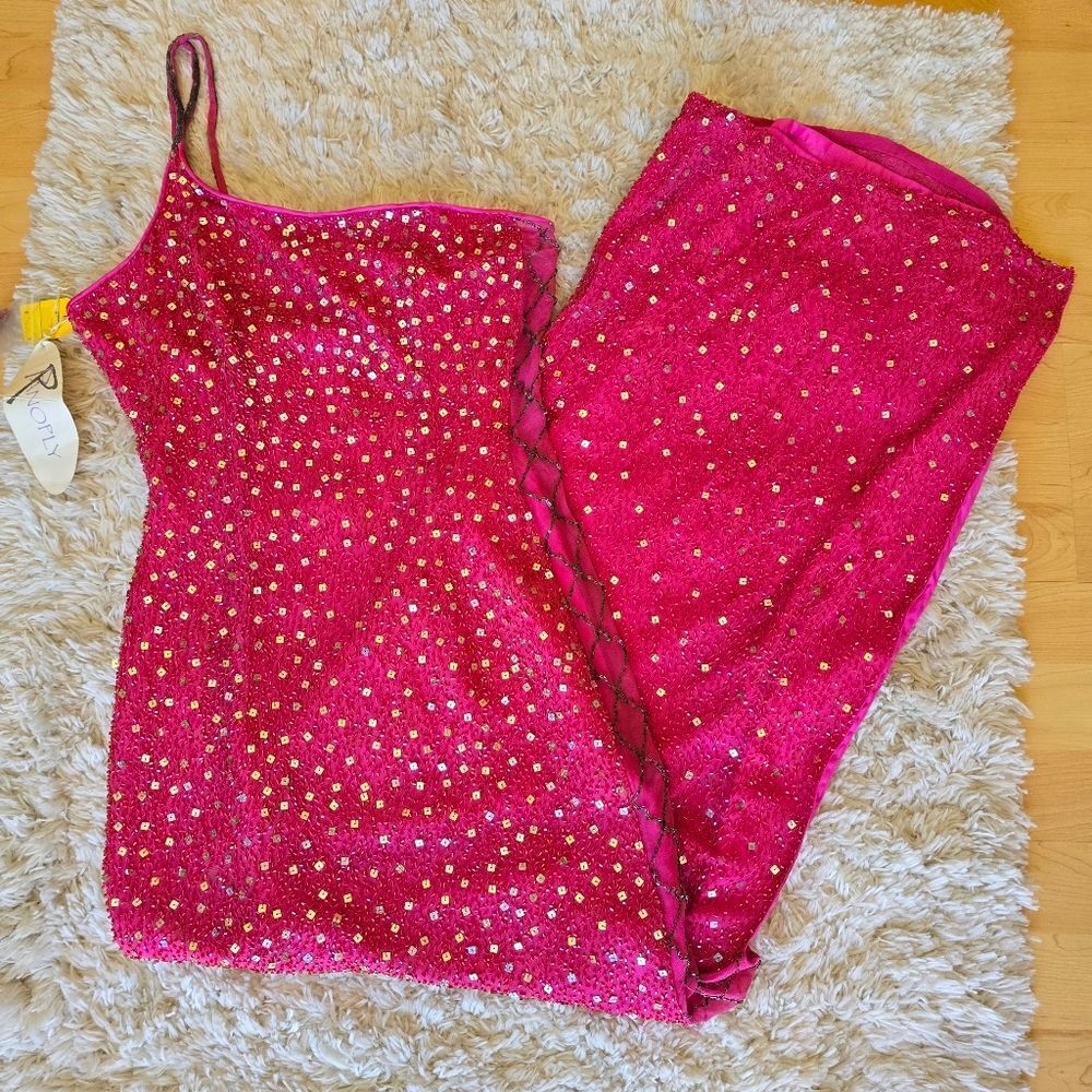 Vintage PANOPLY Pink Sequin One-Shoulder Silk Dress Embellished Sz 6 Y2K Prom